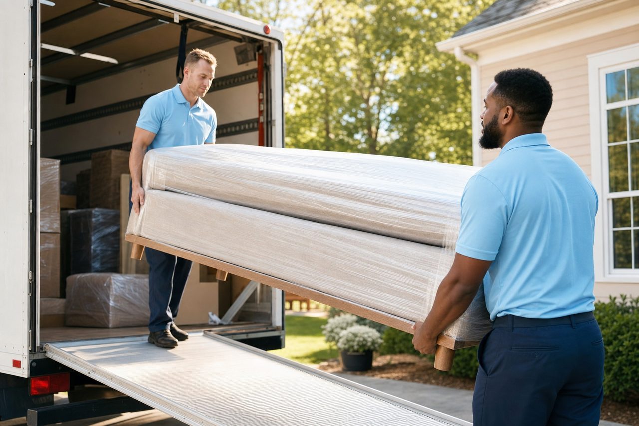 Professional moving crew in matching uniforms loading wrapped furniture into a truck