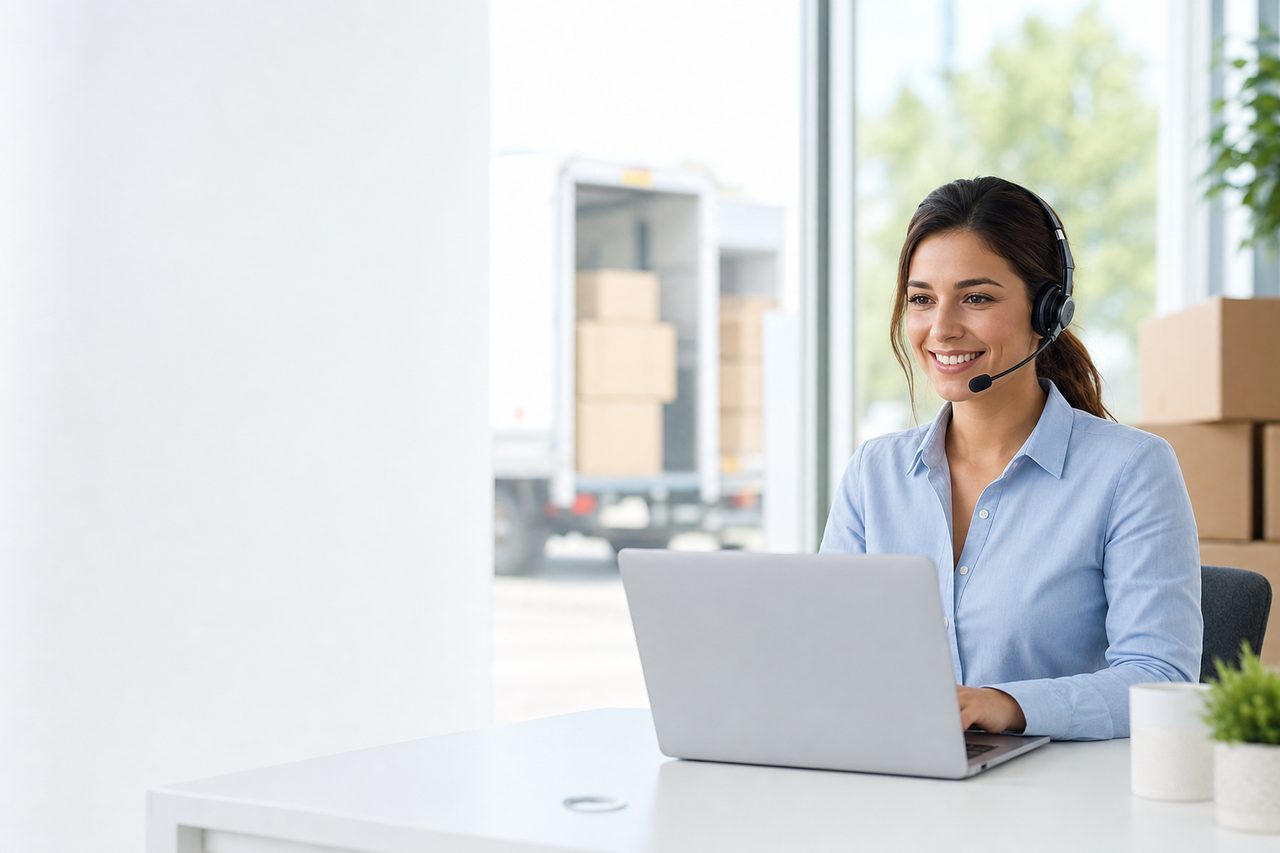 Moving company customer-service agent handling calls with a moving truck loading in the background