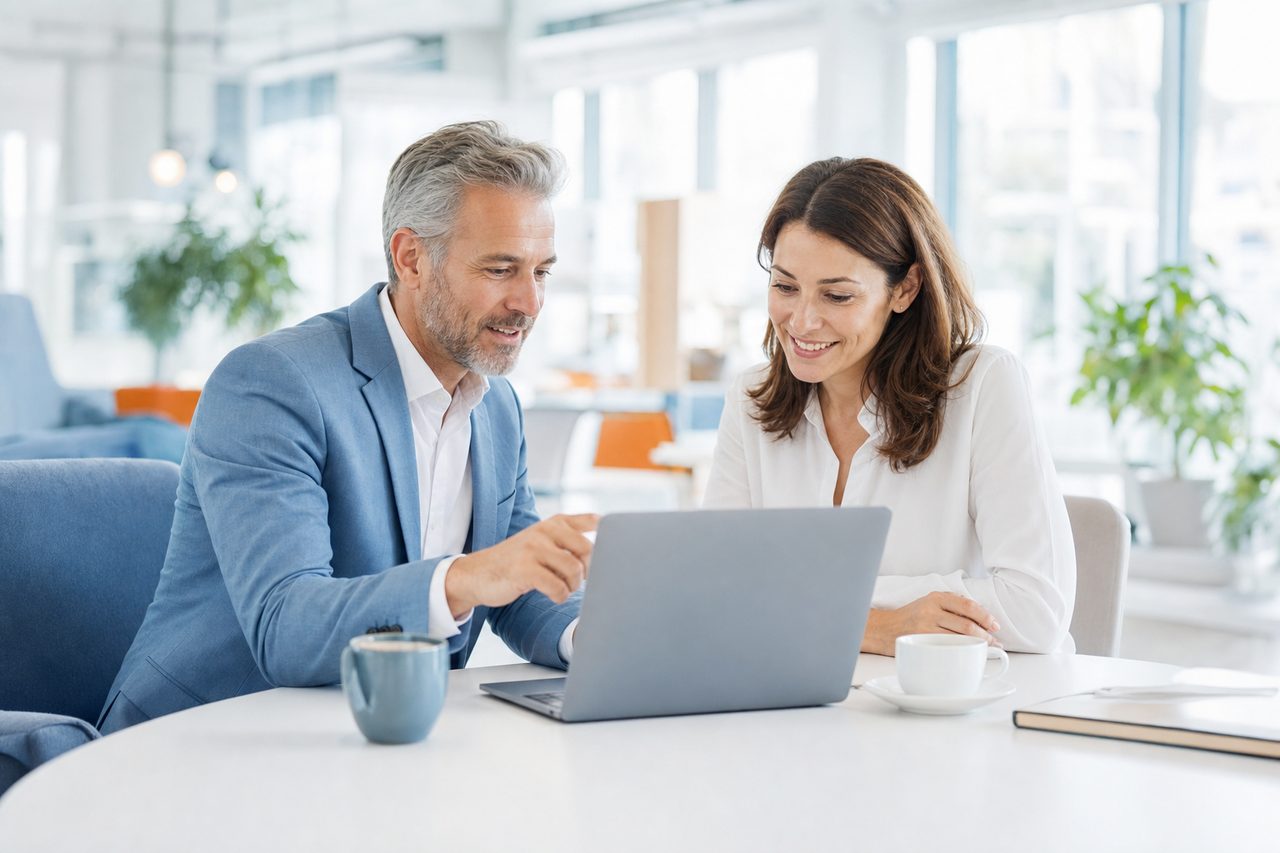 Onboarding consultation — configuring an AI workforce over a laptop in a bright office
