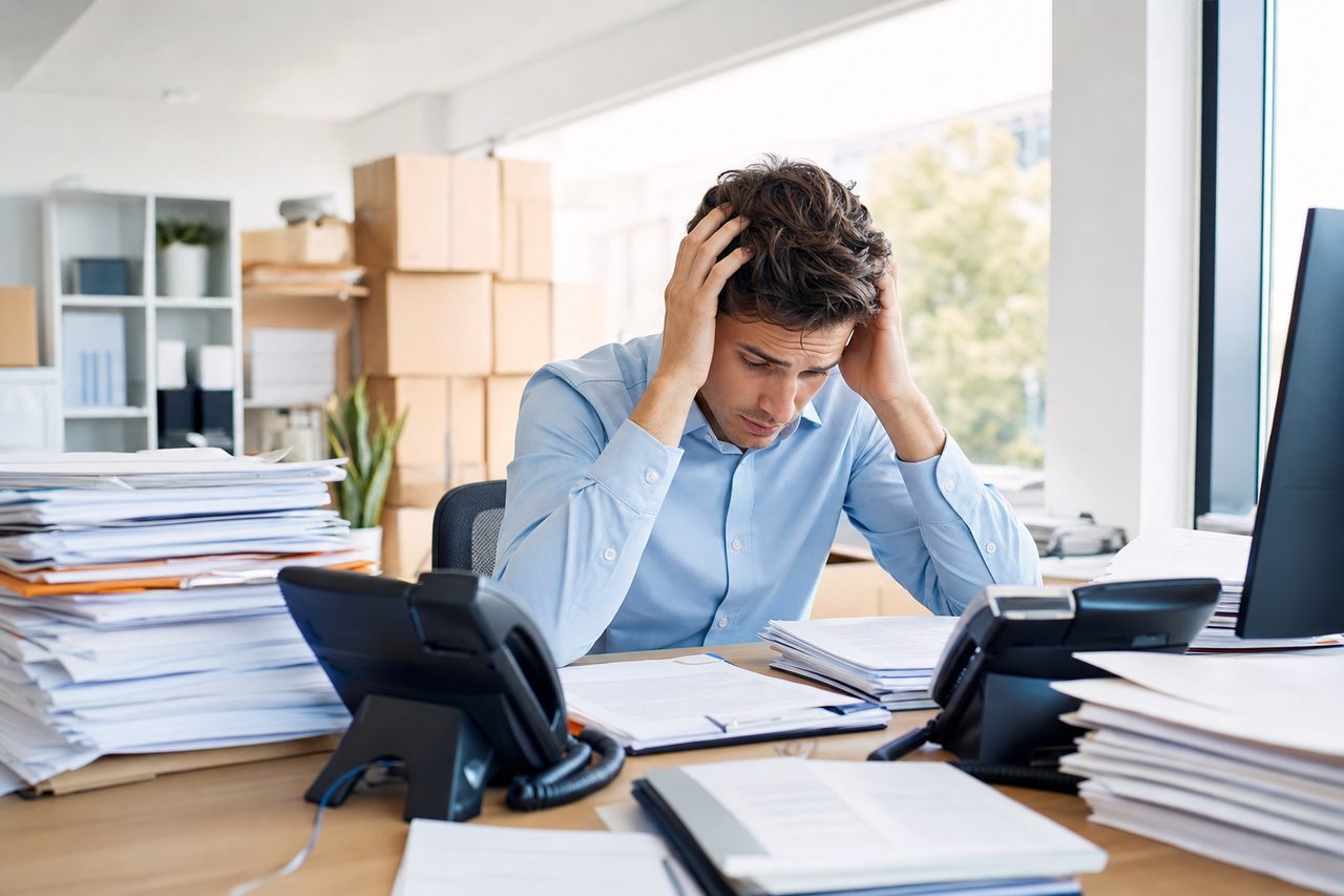 Moving company office worker overwhelmed by paperwork and ringing phones